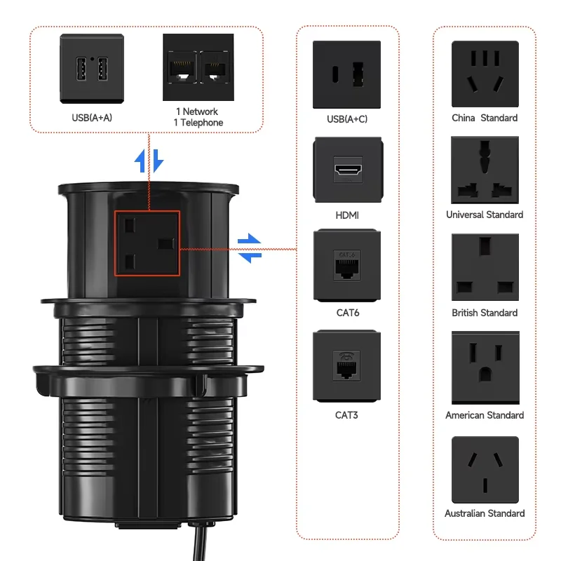 Uk Pop up Socket Desk Power Outlet Recessed Kitchen Worktop Pop up Power Socket Wireless Charger Retractable Pop up Power Outlet