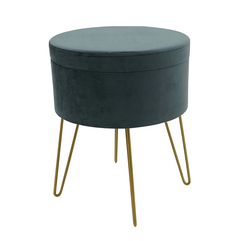 Customized Upholstered Vanity Footstool Dressing Chair Space Saving Round Velvet Footrest Stool Ottoman With Golden Metal Leg