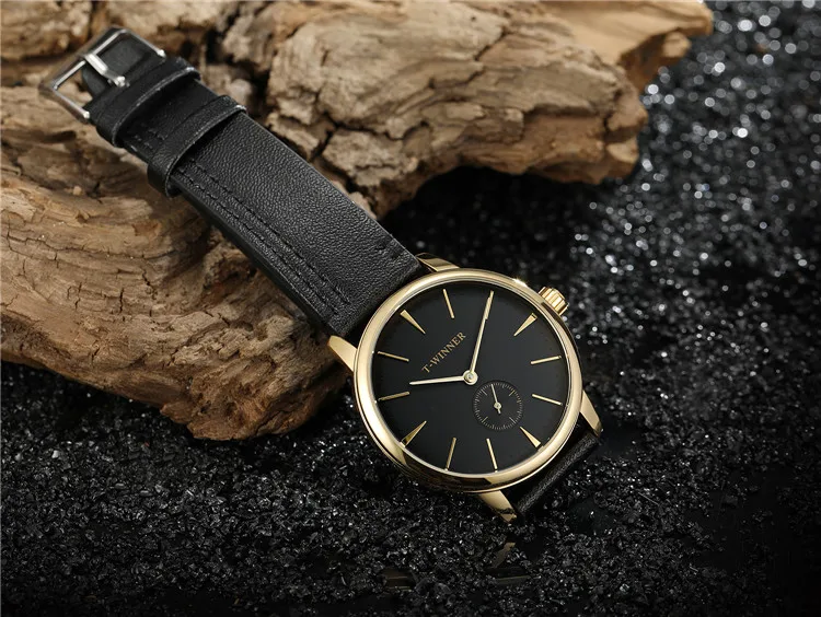 Мужские механические часы с автоматической цепью T-Winner 8165, простые деловые мужские наручные часы с маленьким циферблатом и ремешком из натуральной кожи