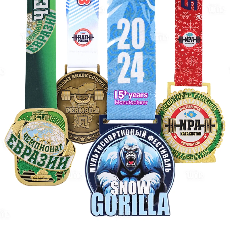 Medalha de Powerlifting de Alta Qualidade Personalizada com Fitas, Medalha Esportiva em Metal de Liga de Zinco Dourada, Medalha em 3D para Levantamento de Peso