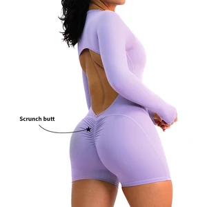 MIQI Custom Logo Butt Lifting Long Sleeve Bodysuit Quick Dry Workout Shorts Bodysuits Fitness Jumpsuits for Women