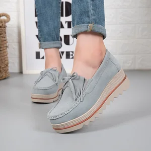 Women's Genuine Leather Casual Heel Platform Loafer Height Increasing Light Female Casual Walking Shoes Breathable Chaussure