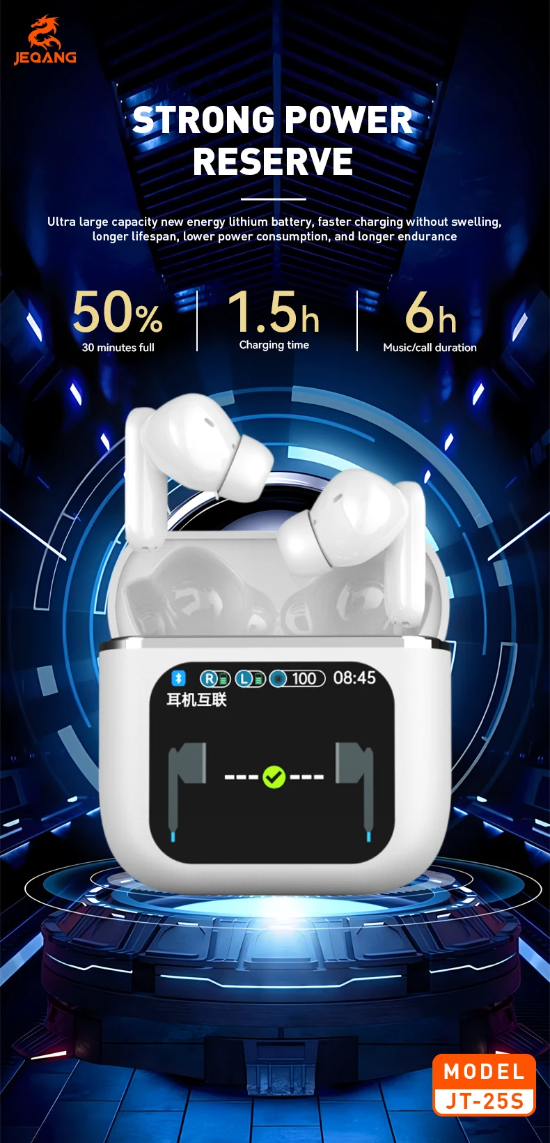 Jeqang-25S TWS LED Digital Display In-Ear for BT Earphones with ENC ANC Waterproof Function and Large Screen Display