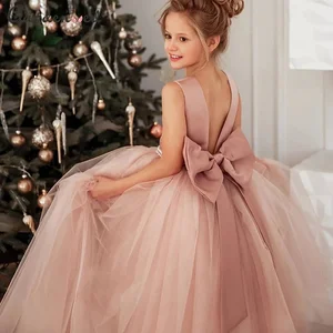 Summer Latest Princess Wedding Dresses for Girls Children's Long Dress with Bow Pearls Beading Decorations