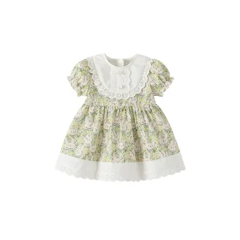 2024 summer country style baby girls dresses cute cartoon bunny jacquard doll collar sweet baby princess dress