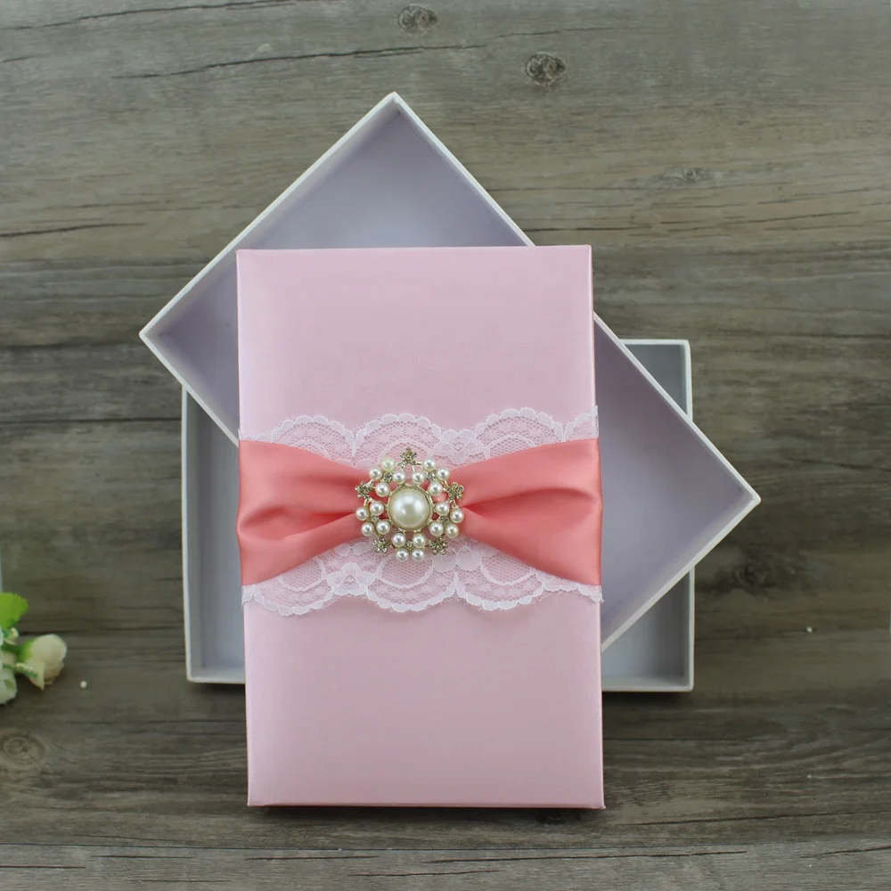 Elegant Silver Top Fold Lace Wedding Invitation with Hard Box and Customized Birthday Invitation Cards