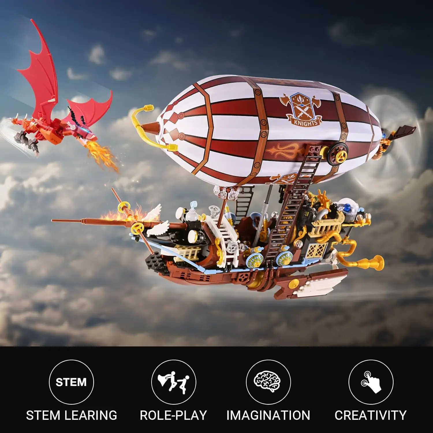 2024 New Airship Steampunk Construction Toy Building Blocks Spaceship Dragon Attack Pirate Ship Sailboat Model Gift for Kids