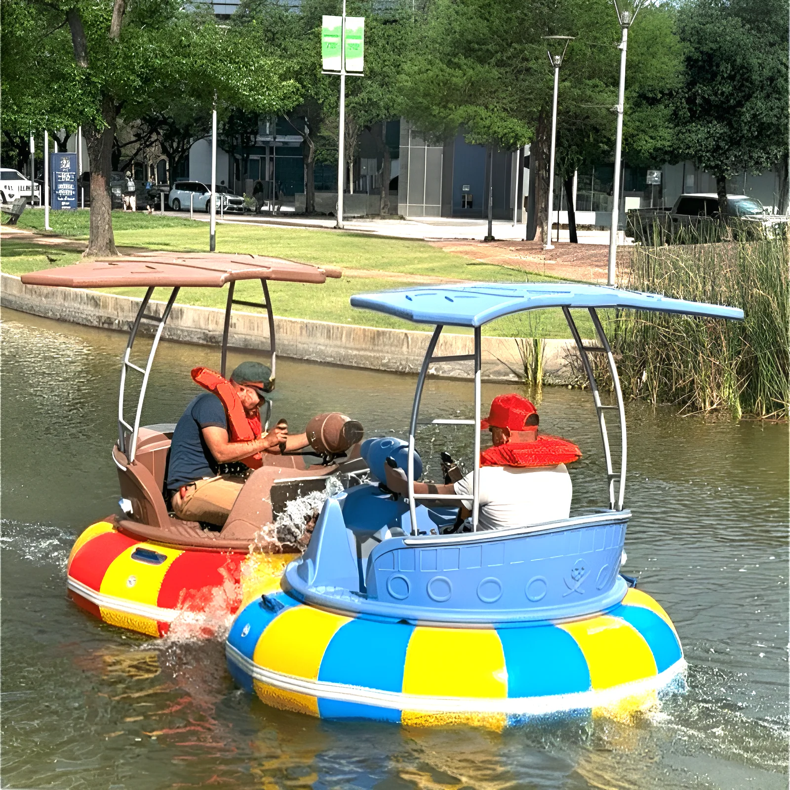 QIQU 2 Adults + 1 Child with Music, Lights & Water Guns PE-PVC Design Aqua Water Inflatable Electric Water Bumper Boat
