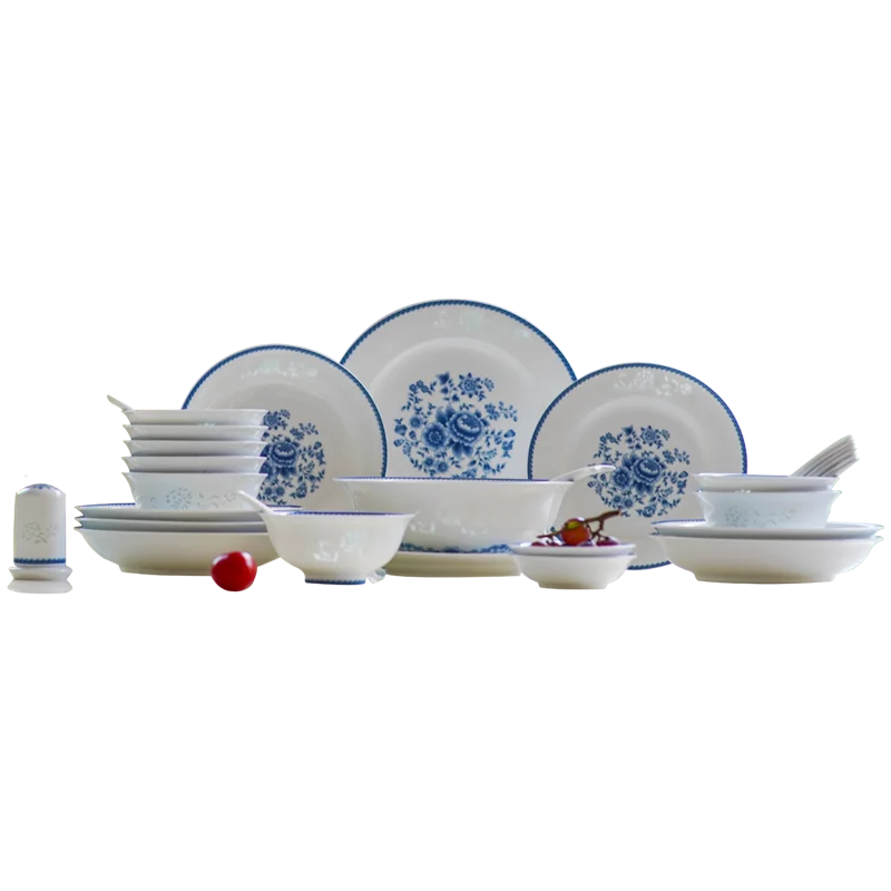 Ensemble de bols et d'assiettes exquis Jingdezhen bol de riz chinois domestique vaisselle en céramique haut de gamme bleu et blanc luxe léger