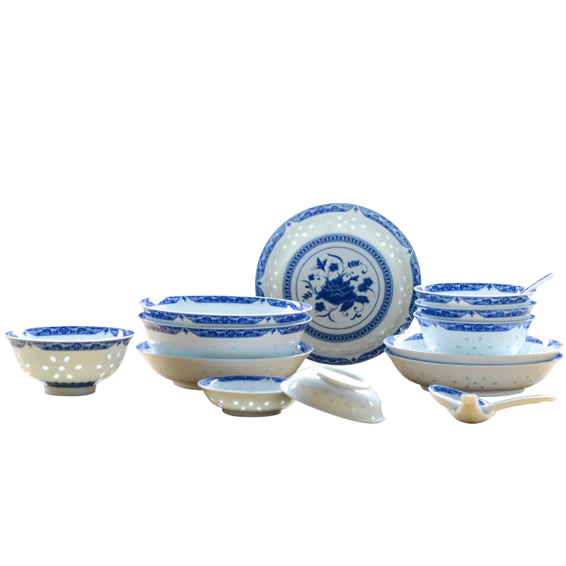 Intangible Cultural Heritage Linglong Porcelain Tableware Set Blue and White Porcelain Fragrant Jade Auspicious Wind and Rain