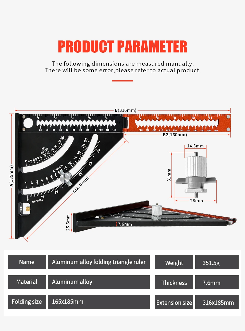 7 Inch Folding Triangle Ruler,Multi-angle Measurement Aluminium Alloy ...
