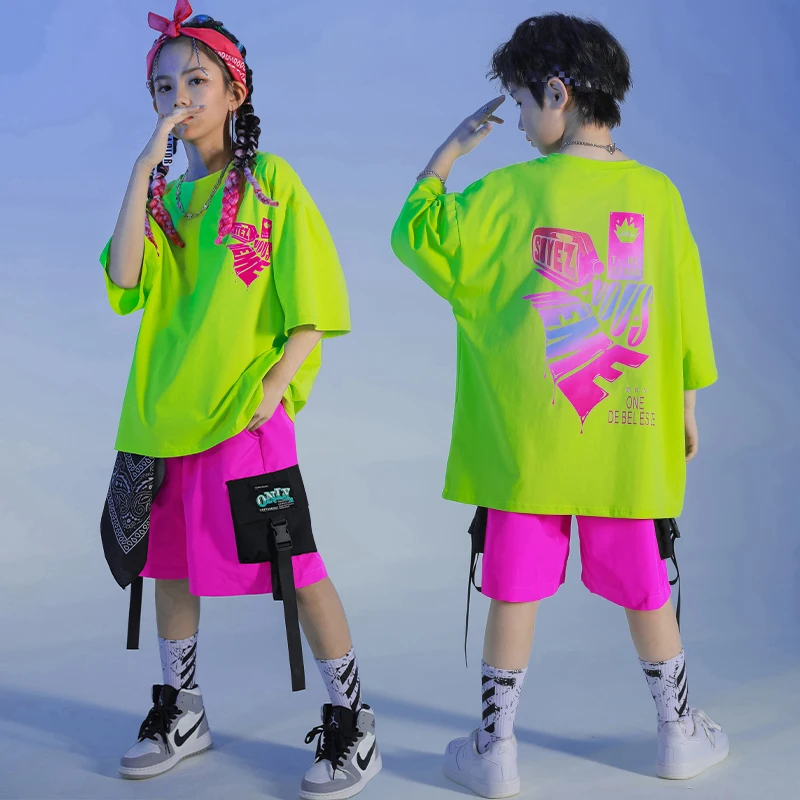 Kids Kpop Rave Outfits Hip Hop Clothing Green Tshirt Tops Summer Cargo  Shorts Streetwear for Girl Boy Dance Costume Clothes