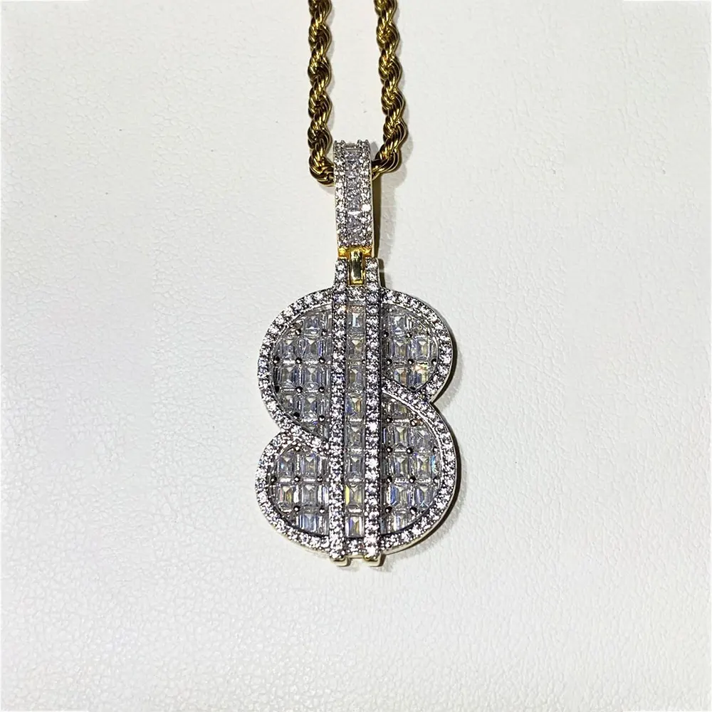 Mens Iced Out Jewelry Gold Plated Baguette Cz Diamond Letter Initial Pendant hip hop dollar sign necklace