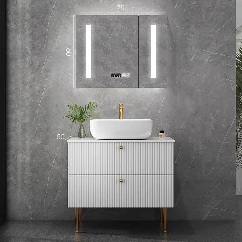 product custom modern luxury curved floor standing bathroom cabinet bathroom fluted textured vanity with sink smart led mirror-7