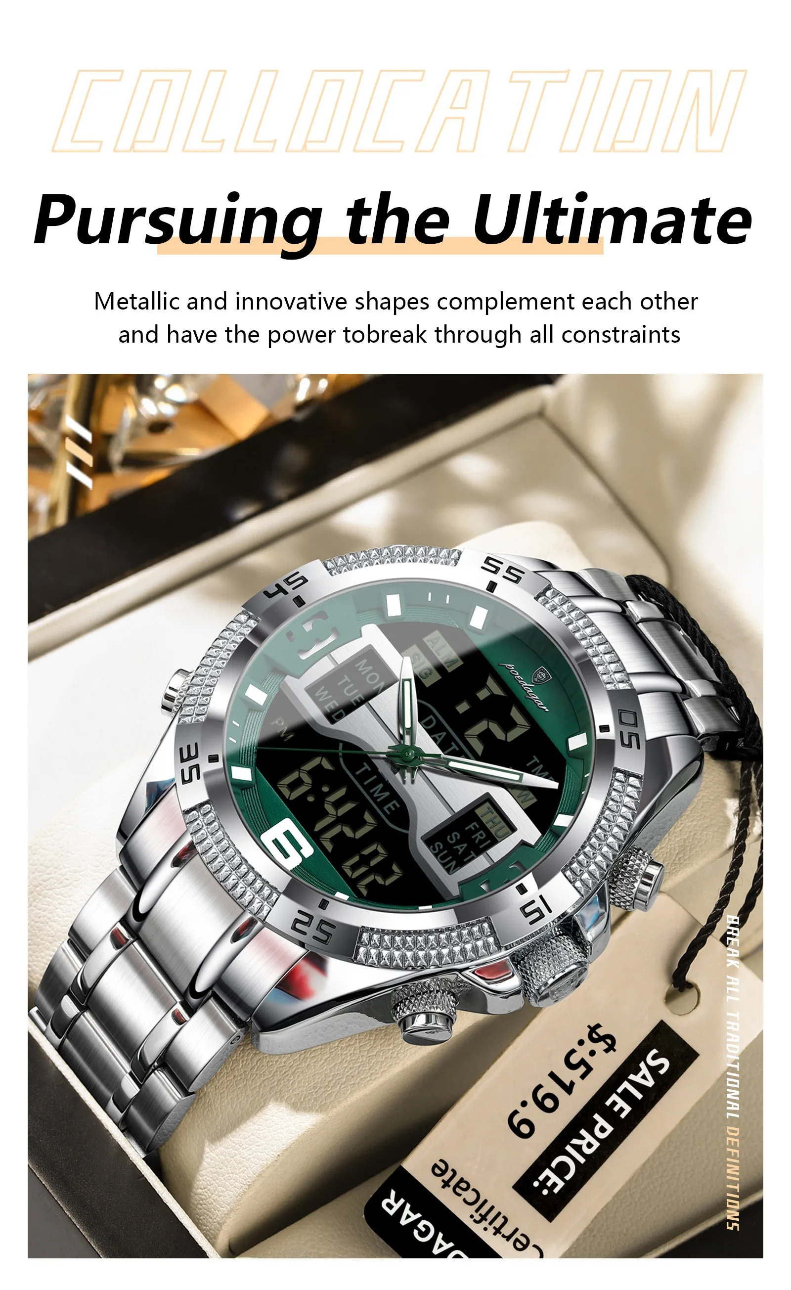 POEDAGAR E103 Waterproof Clock LED Men's Date Week Fashion Wristwatch Stainless Steel Strap Sport Quartz Watches Digital Watches