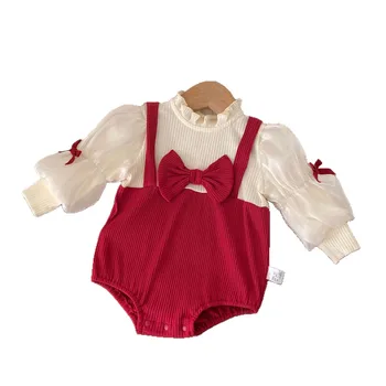 2026 Baby Romper Spring and Autumn Newborn Clothes Red Bow Full Moon Hundred Days Jumpsuit Girl Korean Style Crawling Outfit