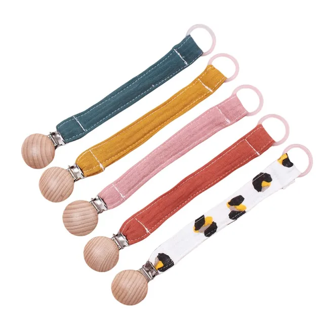 hot selling customize Infants newborn solid baby parcifier chain soft baby muslin cotton parcifier chain wood clip