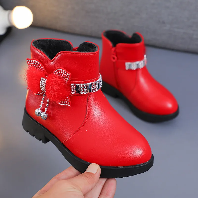 Winter Kids Designer Child Non-Slip Girls Kids Winter Boots Bow Soft Sole Thickened Thermal Pu Leather Kids Boots Girls