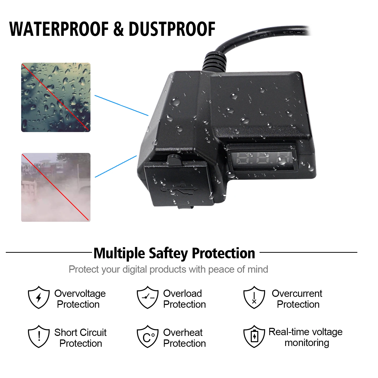 Waterproof & Dustproof  Motorcycle Voltmeter With Double USB Port Fast Charging USB Port For Cell Phone