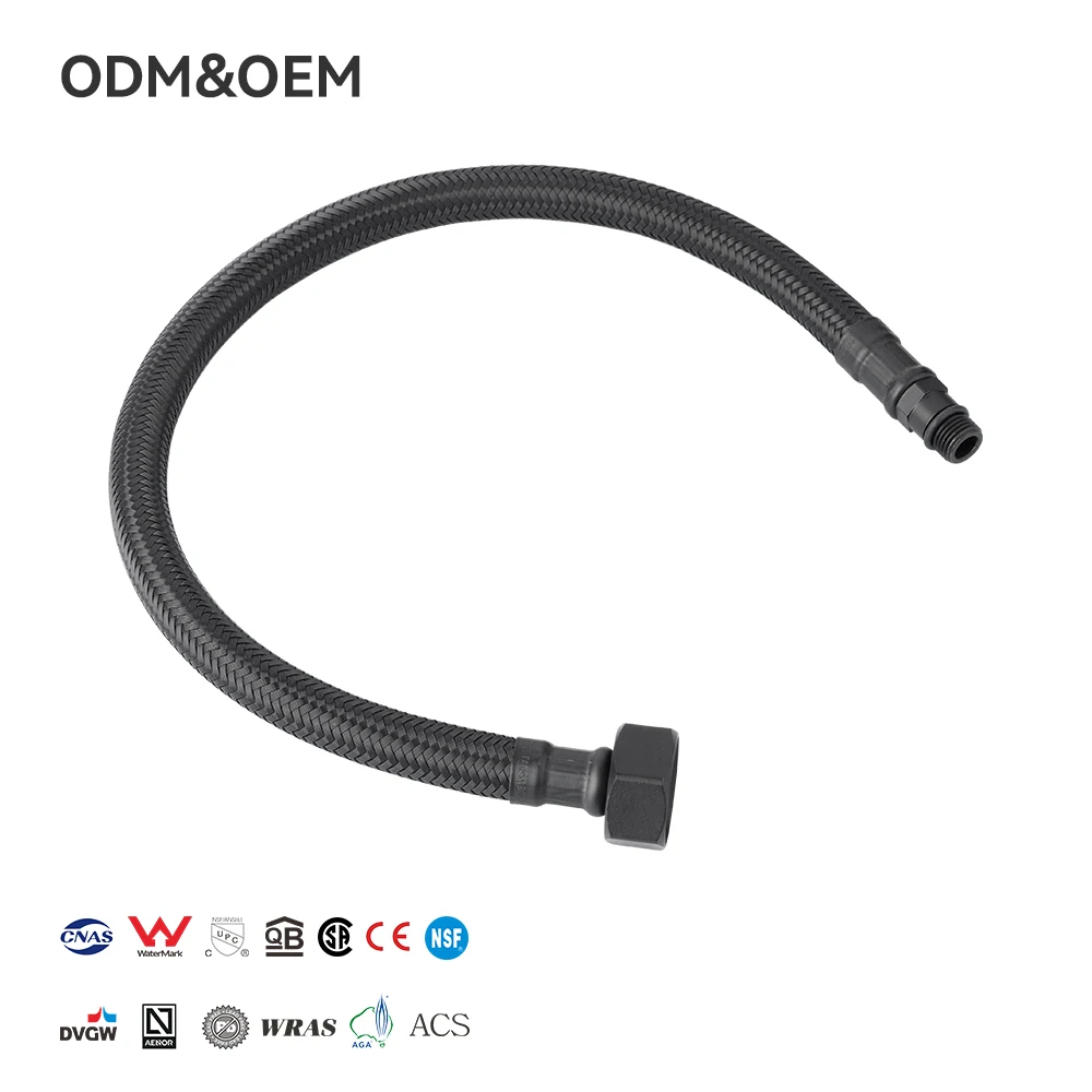 PPW Moderní černé flexibilní PET pletené potrubní hadice s vnitřní trubicí EPDM, hadice do koupelny a pro záchod, měděný tvarovek, záruka 5 let