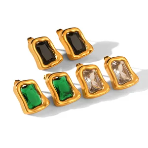 MW Classic Zirconia Earring 18K Gold Plated Stainless Steel Fashion Irregular Rectangle Black Green White Zirconia Earrings