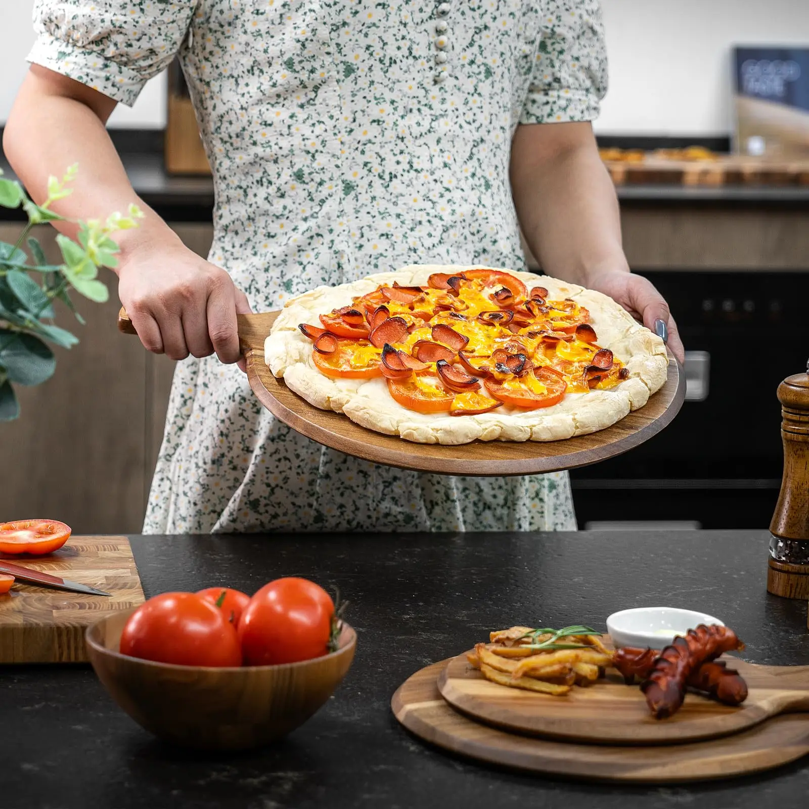 product custom 3 piece wood cutting board set kitchen chopping board pizza paddle with handle charcuterie serving board-7