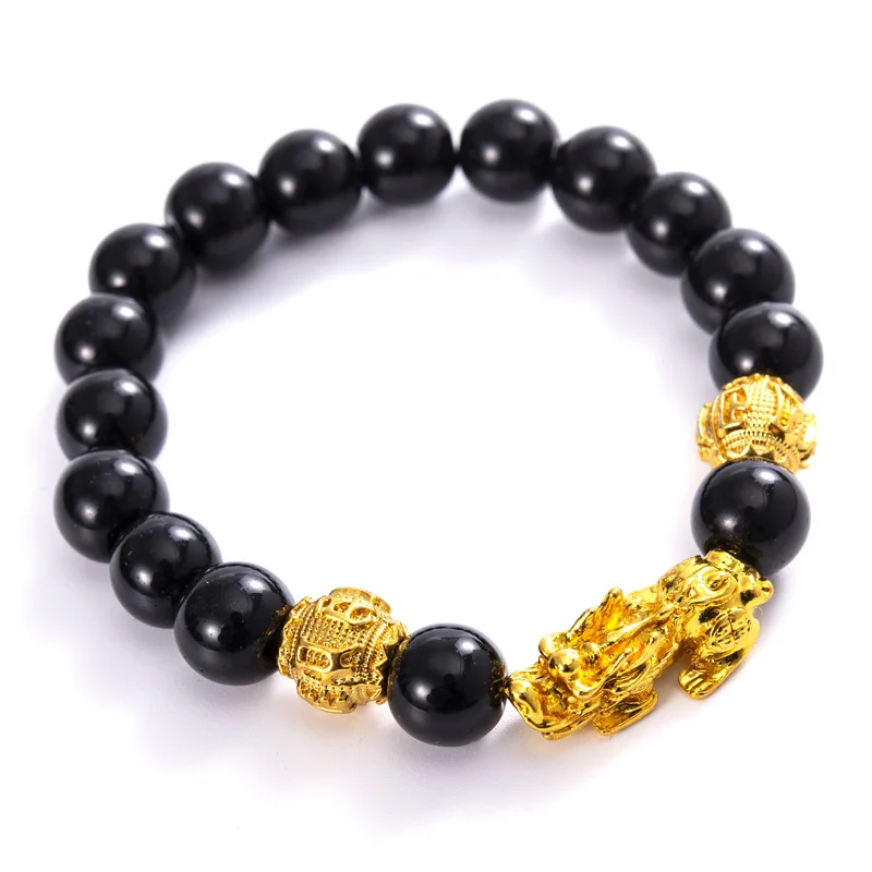 MECYLIFE Manmade Obsidian Gold Pixiu Bracelet Six-character Bracelet Gifts Fengshui Bracelet