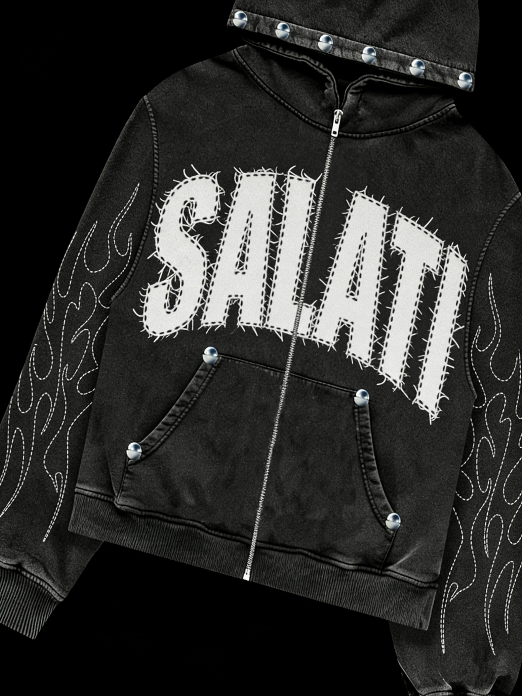 SALATI Custom Cotton Tracksuits Sweatpants and Hoodie Men Streetwear Acid Wash Distressing Embroidery Rhinestone Sweatsuit Set gallery 3