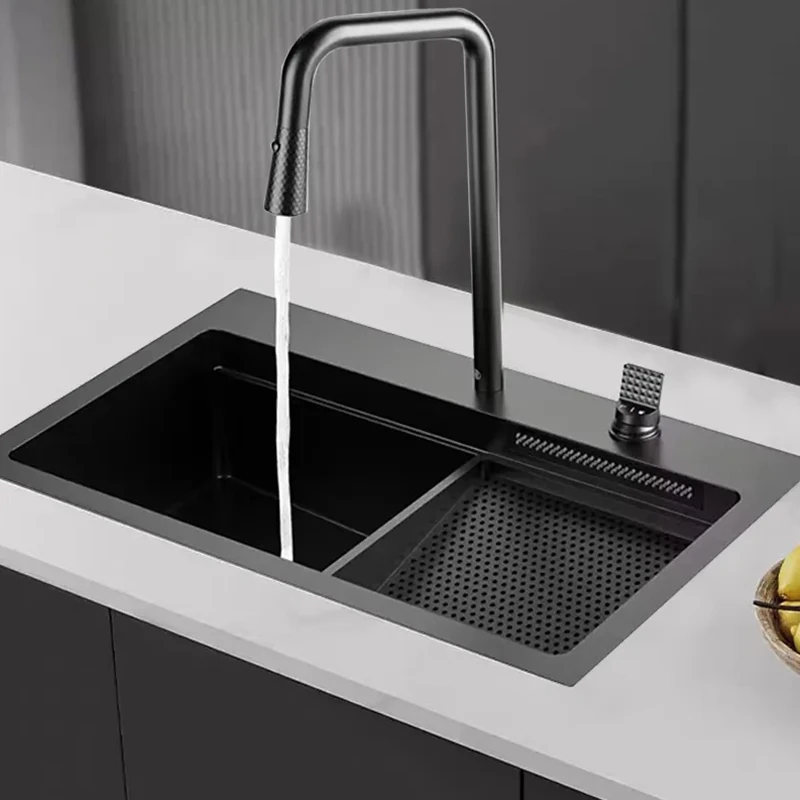 Luxury Kitchen Sinks 304 Stainless Steel Multifunctional Sink Modern Waterfall Single Bowl