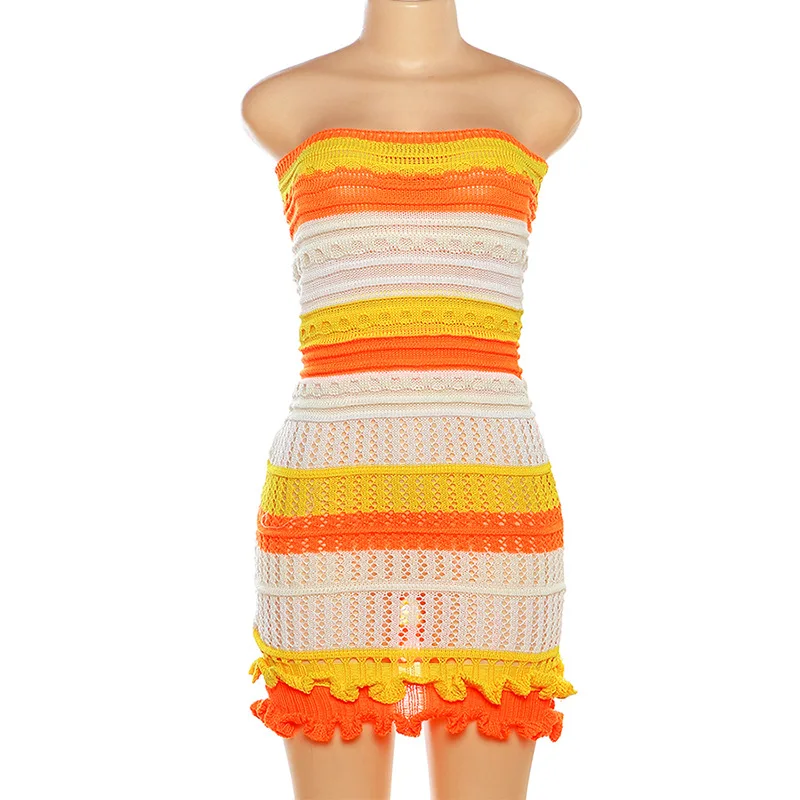 Explosive Models Patchwork Color Sleeveless Tube Knitted Summer Vacation Women Dress Sehe Fashion