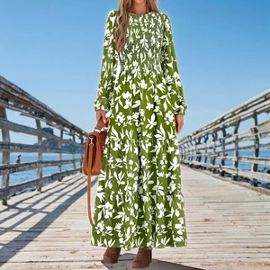 PRETTYGARDEN 2025 Women's Floral Satin Maxi Dress Summer Flowy Long Sleeve Casual O-Neck Smocked Tiered Floor-Length Natural