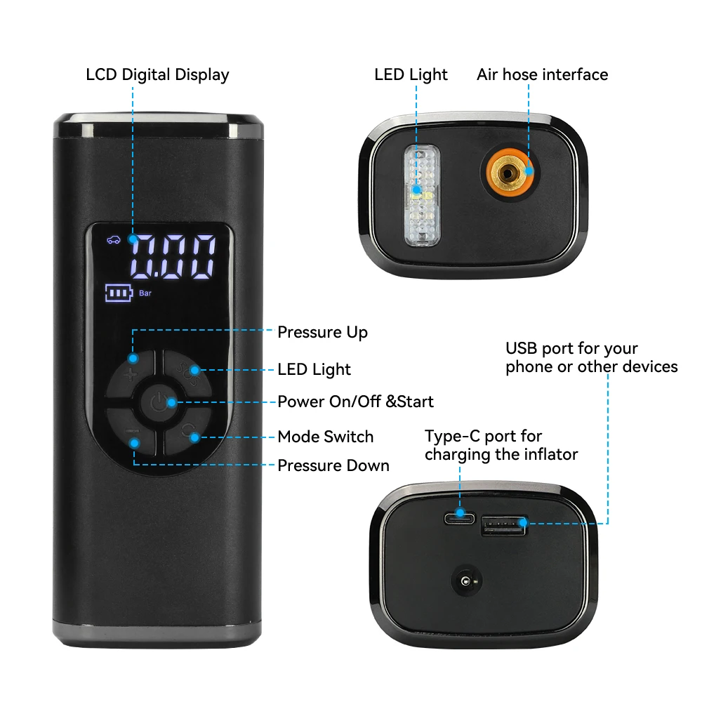 Portable Mini Electric Tire Inflator Handheld Digital Air Pump With ...