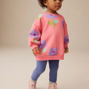 Autumn Casual Cute Girl Outfit Pure Cotton Print Round Neck Trendy Unisex Pullover Sweatpants Set Kids Clothing