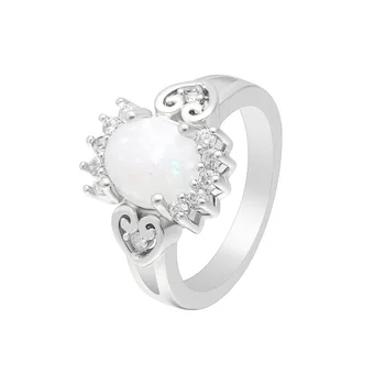 Hainon Vintage Silver Plated White Round Opal Rings Jewelry Heart Engagement Wedding Finger Rings Wholesale