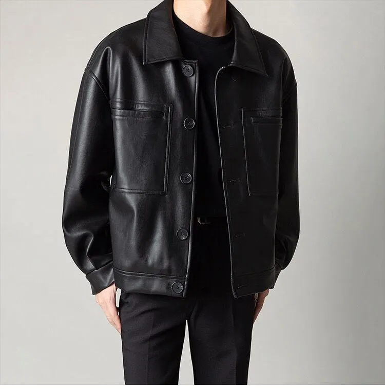Men's Pu Leather Jacket Vintage Style Loose Fit Spring Autumn_voghion.com