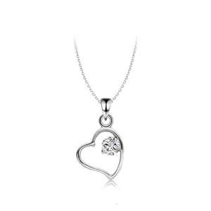 Keiyue Heart Charm Necklace with Bright Round Zircon Silver Plated Channel Set to Symbolize Eternal Love for Couples