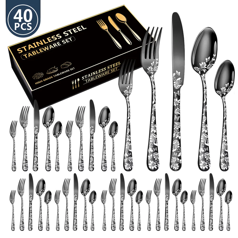 Stainless Steel 40 Piece Silverware Set with Gift Box Luxury Pattern ...
