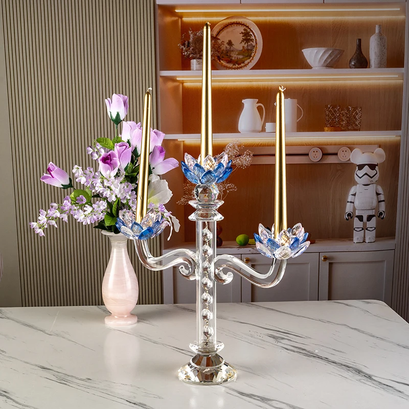 Glass Long Handle High-end Lotus Home Decoration Three Arm Glass Wedding Center Crystal Candlestick