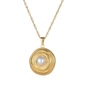 Light Luxury Jewelry Vintage Style Pearl Necklace Titanium Steel Multi Layer Threaded Circle Inlaid Pearl Pendant Necklace