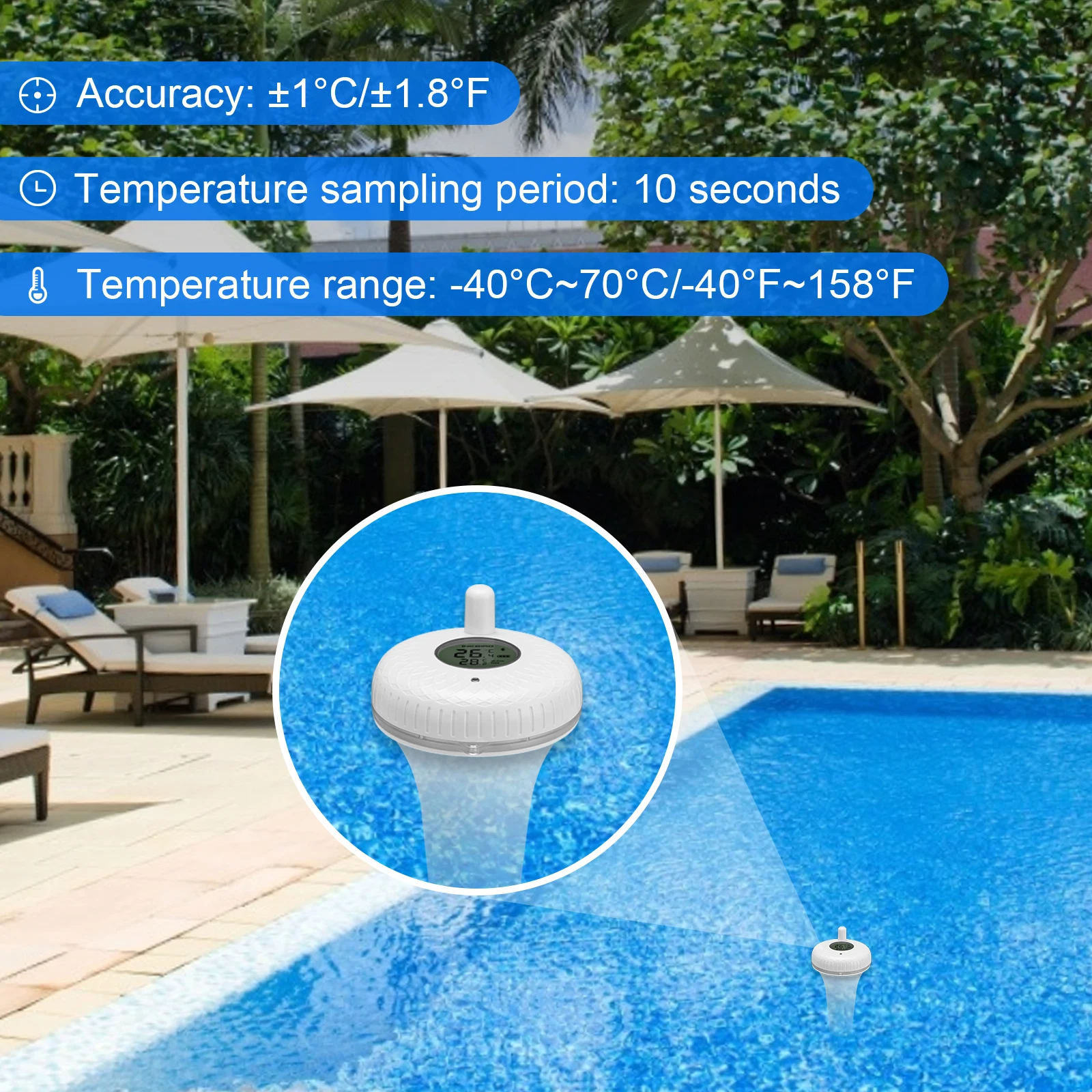 INKBIRD IBS-P01B Bluetooth Indoor Outdoor Floating Pool Thermometer for  Swimming Pool, Bath Water, Spas, Aquariums & Fish Ponds