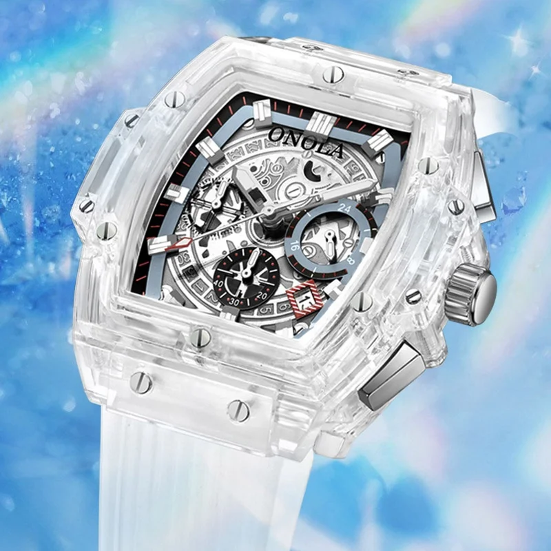Top Brand Original ONOLA 6811 Oval Fashion Silicone Glass Sports Transparent Luminous Chronograph Quartz Watch for Men