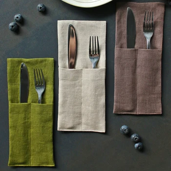 Multi Colors Dining table Knife and Fork Bags storage custom size Pure Linen Cutlery Roll Holder Bags for Table Linen Pouch