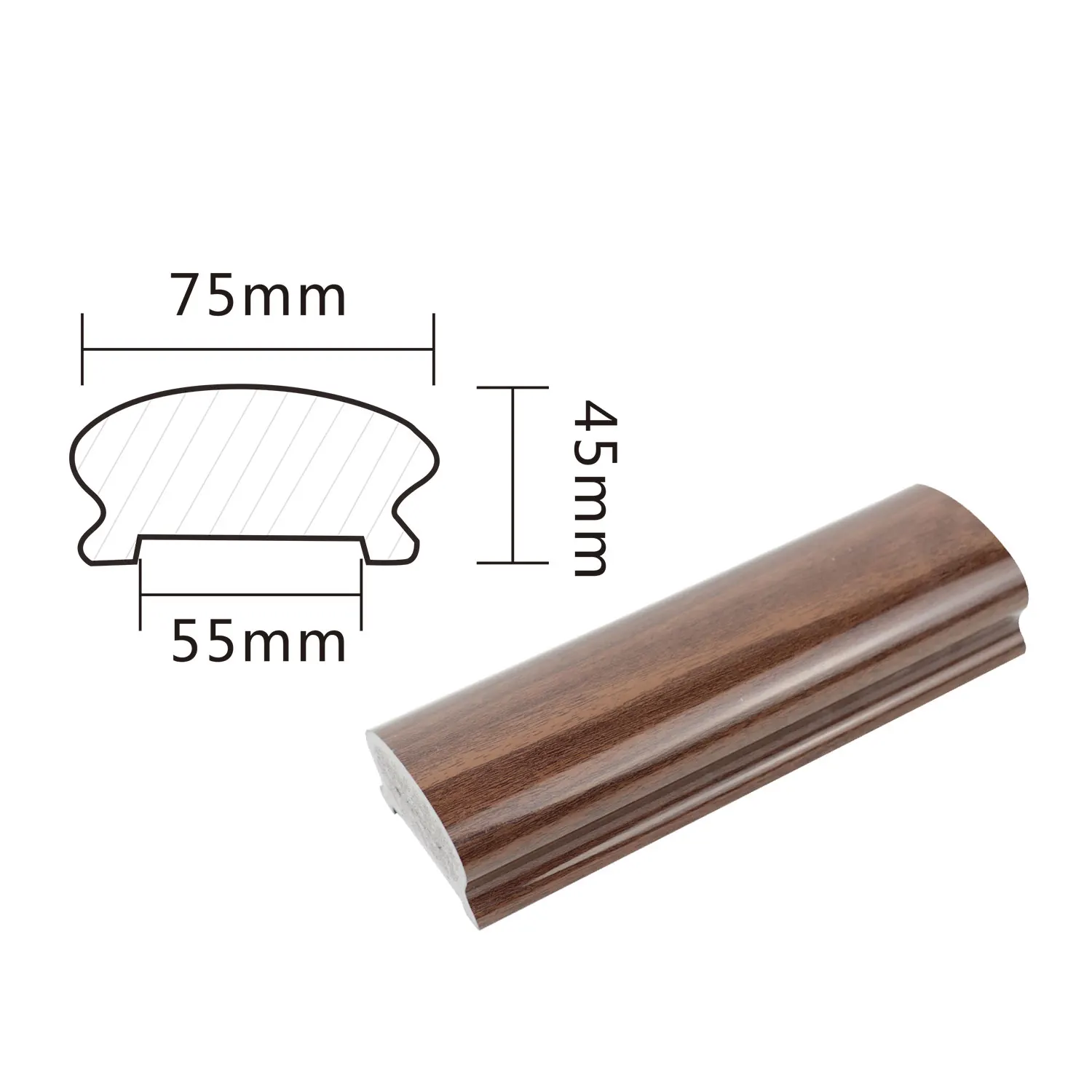 Modern Polymer Hot-Bending Eco-Friendly Wood PVC Frameless Glass Stair Handrail Attic Balcony Balustrades Wooden-Textured