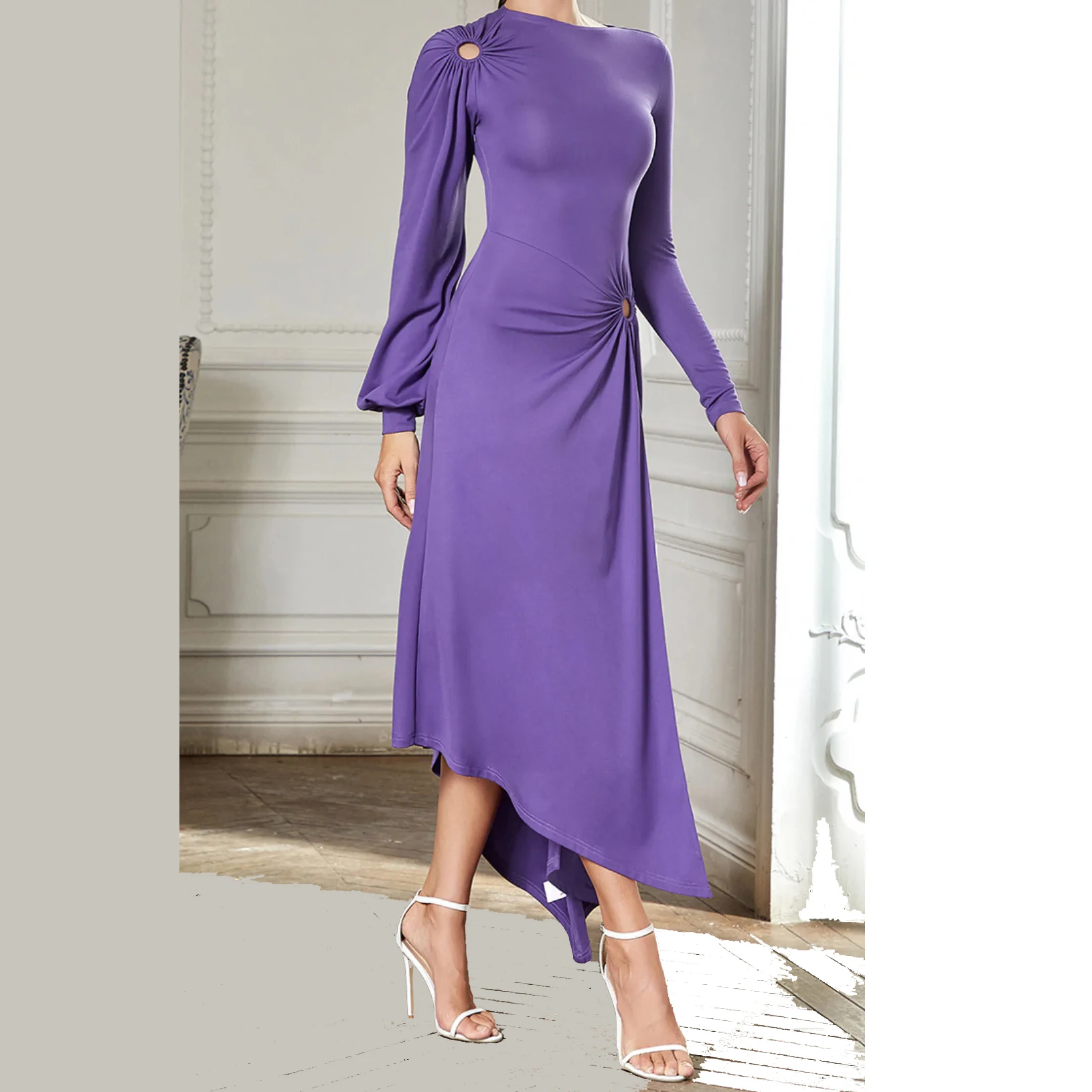 a line dress mid length Navy Wedding Guest 2026 Long Sleeve Formal Midi Dress with Waist Tie and Split Neck, S / Dark Blue front detail that beautifully summer sparkle Color:Black/Black Black A-Line Knitted Midi