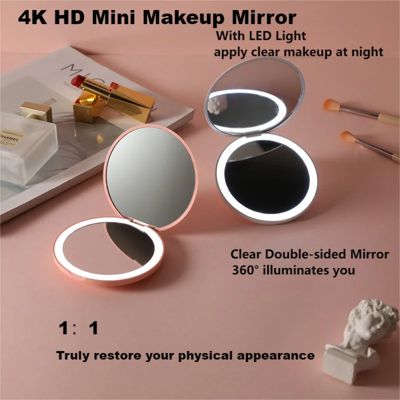 Double Sided Pocket Makeup Mirror With Led Light Hand Mirror Logo