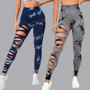 Hollow Tie Dye Yoga Pants High Waisted Hip Lifting Fitness Pants Perforated Yoga Clothes Women's Belly Hugging Trousers