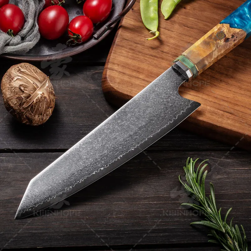KEENHOPE Professional Kitchen Knife Set 9Pcs Damascus 67 Layers VG10 Composited Resin Stainless Steel Blade with Blue Maple Burl