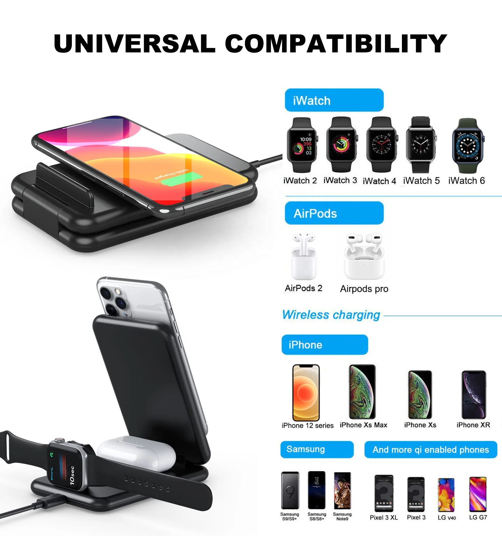 
Беспроводная зарядная станция 3 в 1, складная док-станция для быстрой зарядки для iPhone 12 Mini Max Pro, 15 Вт, сертификат Qi 
