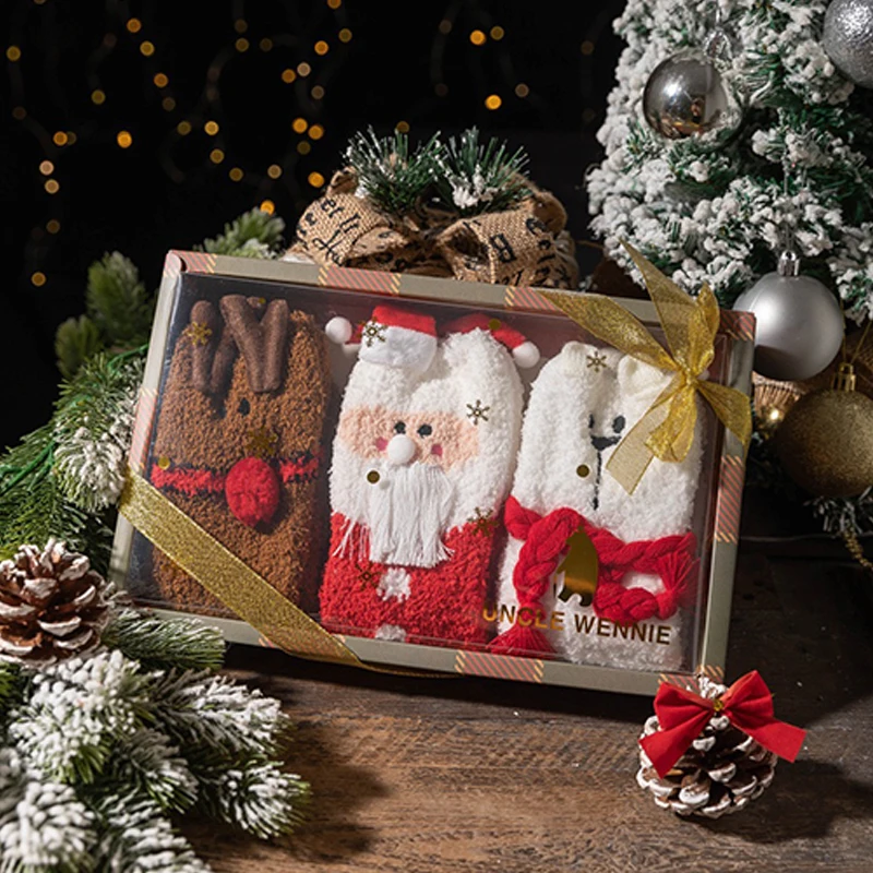 High-end Paper Transparent Window Cover Package Insert Handle Bag Christmas Day Santa Claus Socks Gift Box with Ribbon