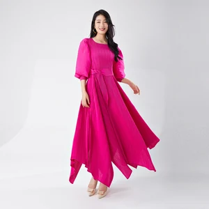 Miyake Elegant Style Wholesale Women's Fashion Dresses Loose Plus Size Design With Puff Sleeve Irregular Stretch Pleated Dress